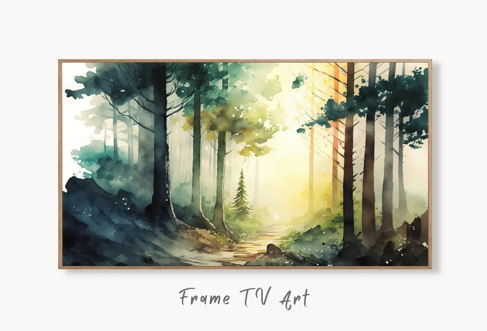 Samsung Frame TV Art 4K Colorful Forest Landscape Watercolor Digital Painting. Instant Download Forest Art for Samsung Frame TV. Art for TV displayed on Samsung Frame TV on a living room wall.