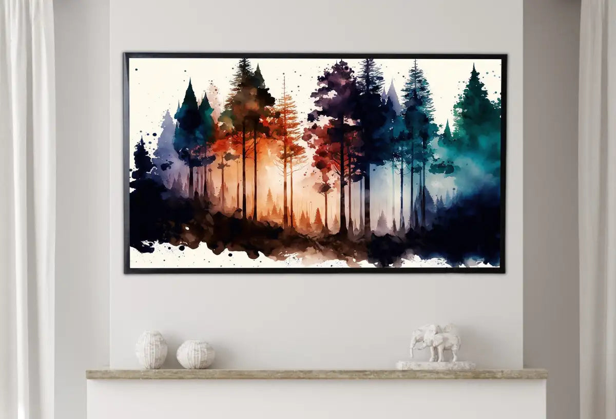 Detail view of artwork from Samsung Frame TV Art 4K Colorful Forest Watercolor Landscape Digital Painting. Instant Download Forest Art for Samsung Frame TV. Art for TV. (variation 2)