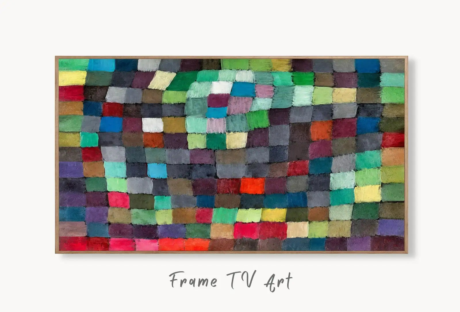 Samsung Frame TV Art 4K Colorful Paul Klee Abstract Mosaic Painting. Instant Download Vintage Famous Abstract Painting Klee Art for Frame TV displayed on Samsung Frame TV on a living room wall.