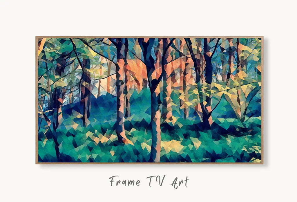Samsung Frame TV Art 4K Colorful Spring Forest. Landscape Digital Painting. Instant Download. Spring Art for Samsung Frame TV. Art for TV displayed on Samsung Frame TV on a living room wall.