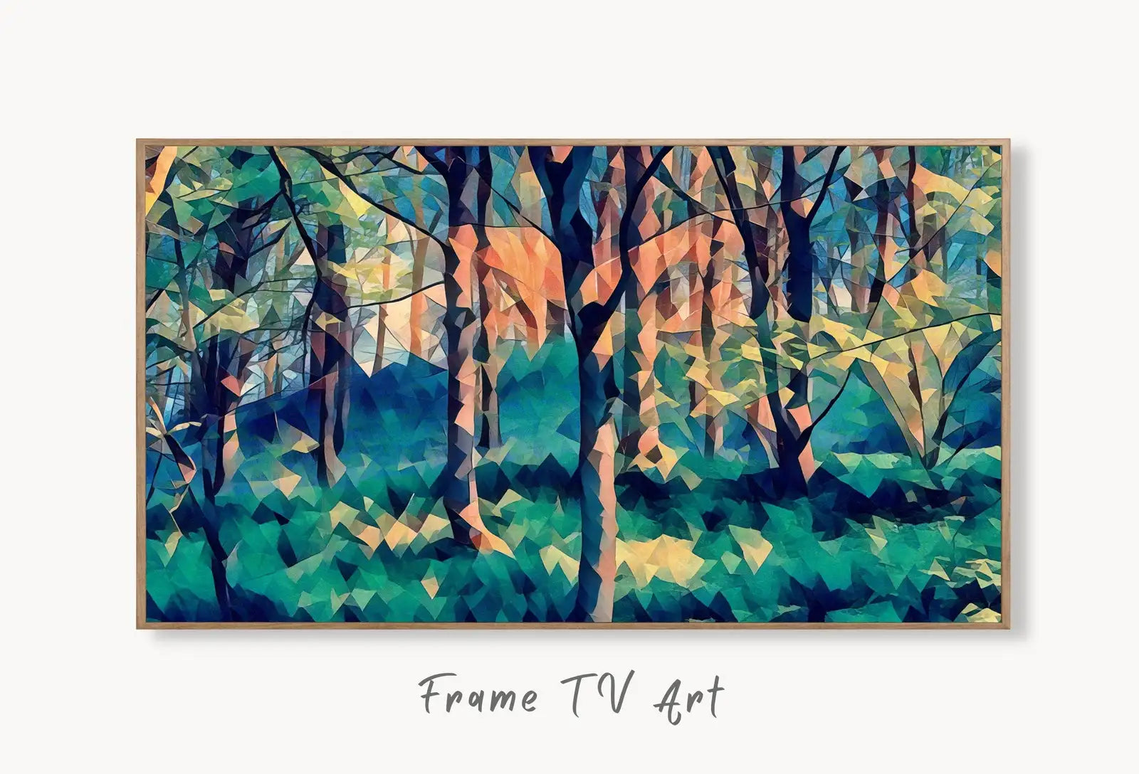 Samsung Frame TV Art 4K Colorful Spring Forest. Landscape Digital Painting. Instant Download. Spring Art for Samsung Frame TV. Art for TV displayed on Samsung Frame TV on a living room wall.