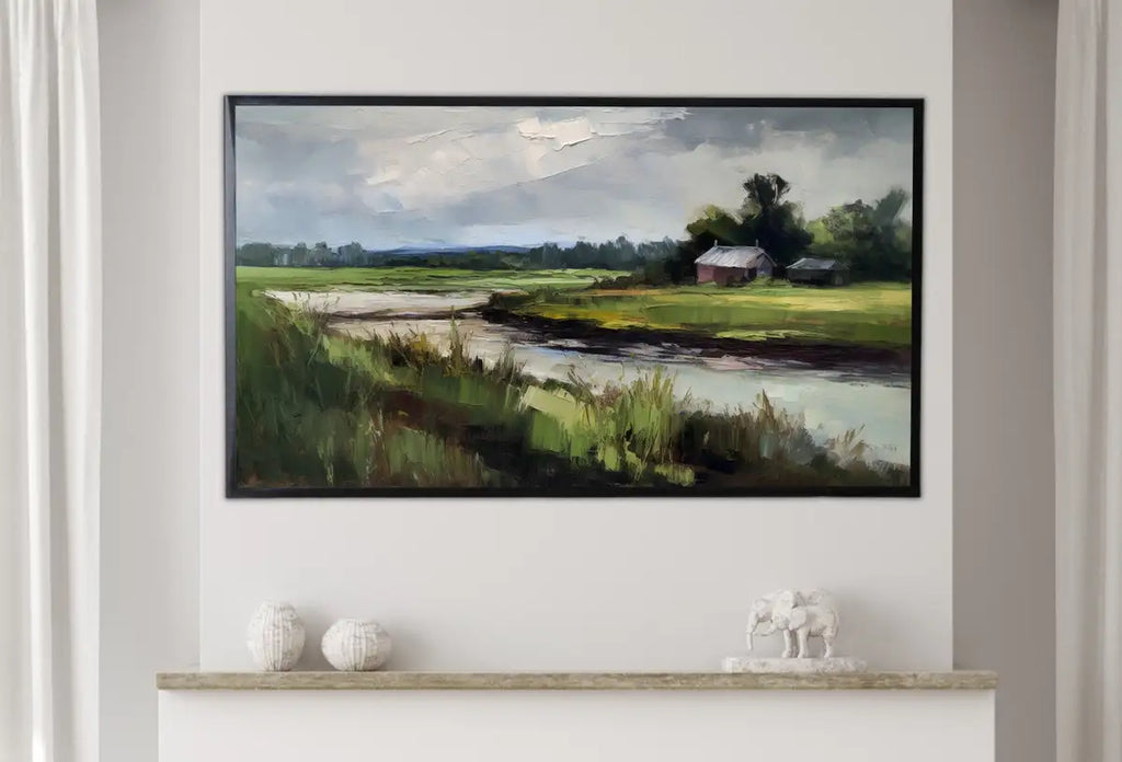 Detail view of artwork from Samsung Frame TV Art 4K Country Vintage Style Landscape Painting. Instant Download. Rustic Meadow Vintage Painting. Art for the Frame TV. (variation 2)