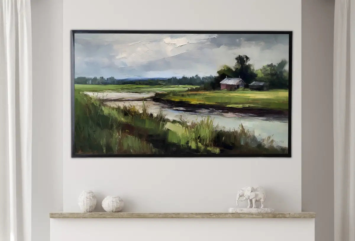 Detail view of artwork from Samsung Frame TV Art 4K Country Vintage Style Landscape Painting. Instant Download. Rustic Meadow Vintage Painting. Art for the Frame TV. (variation 2)