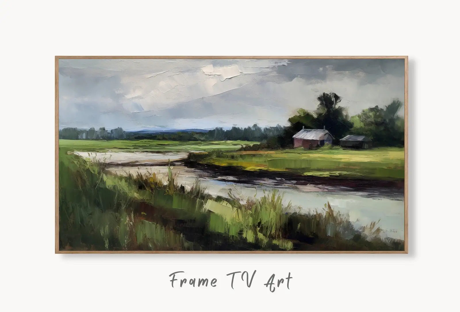 Samsung Frame TV Art 4K Country Vintage Style Landscape Painting. Instant Download. Rustic Meadow Vintage Painting. Art for the Frame TV displayed on Samsung Frame TV on a living room wall.
