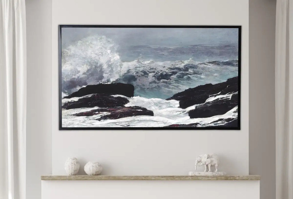 Detail view of artwork from Samsung Frame TV Art 4K, Crashing Waves Vintage Painting. Samsung Art TV Digital Download for Samsung Frame, Coastal Landscape Frame TV Art. (variation 2)