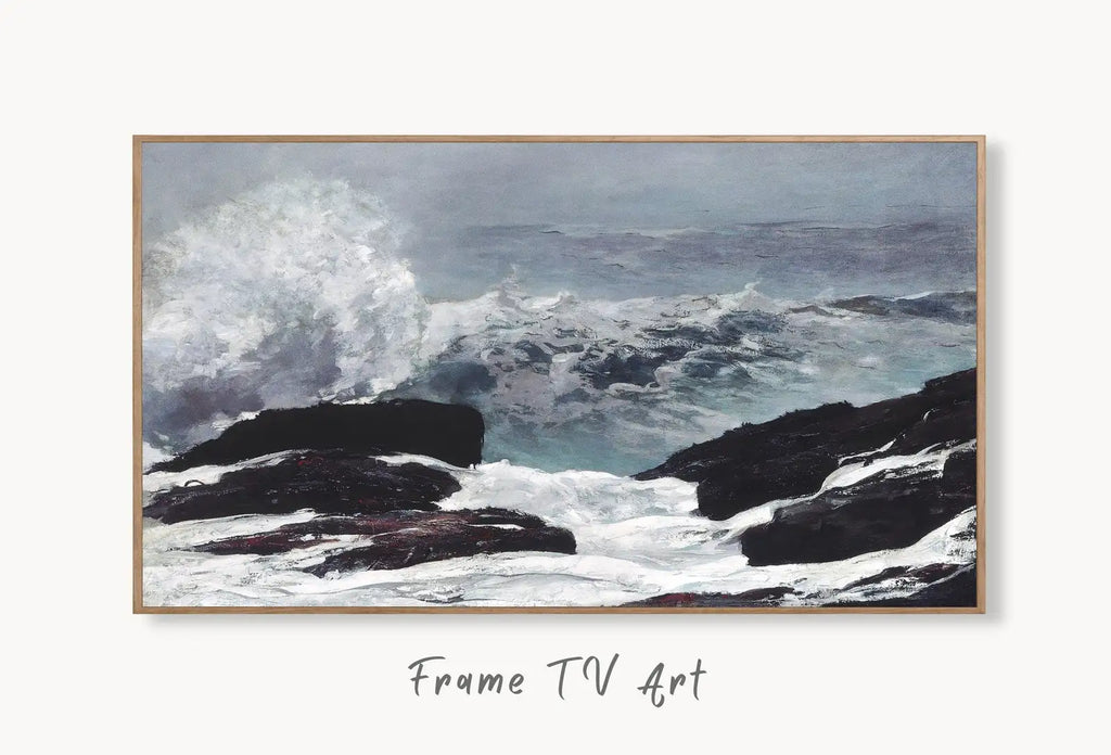 Samsung Frame TV Art 4K, Crashing Waves Vintage Painting. Samsung Art TV Digital Download for Samsung Frame, Coastal Landscape Frame TV Art displayed on Samsung Frame TV on a living room wall.