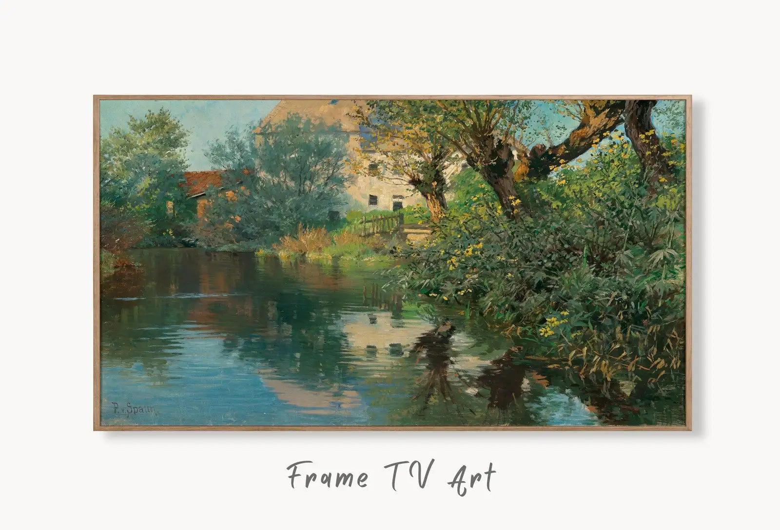 Samsung Frame TV Art 4K Creek in Spring Vintage Landscape Painting. Instant Download Spring Framhouse Landscape. Wall Art for Frame TV. displayed on Samsung Frame TV on a living room wall.