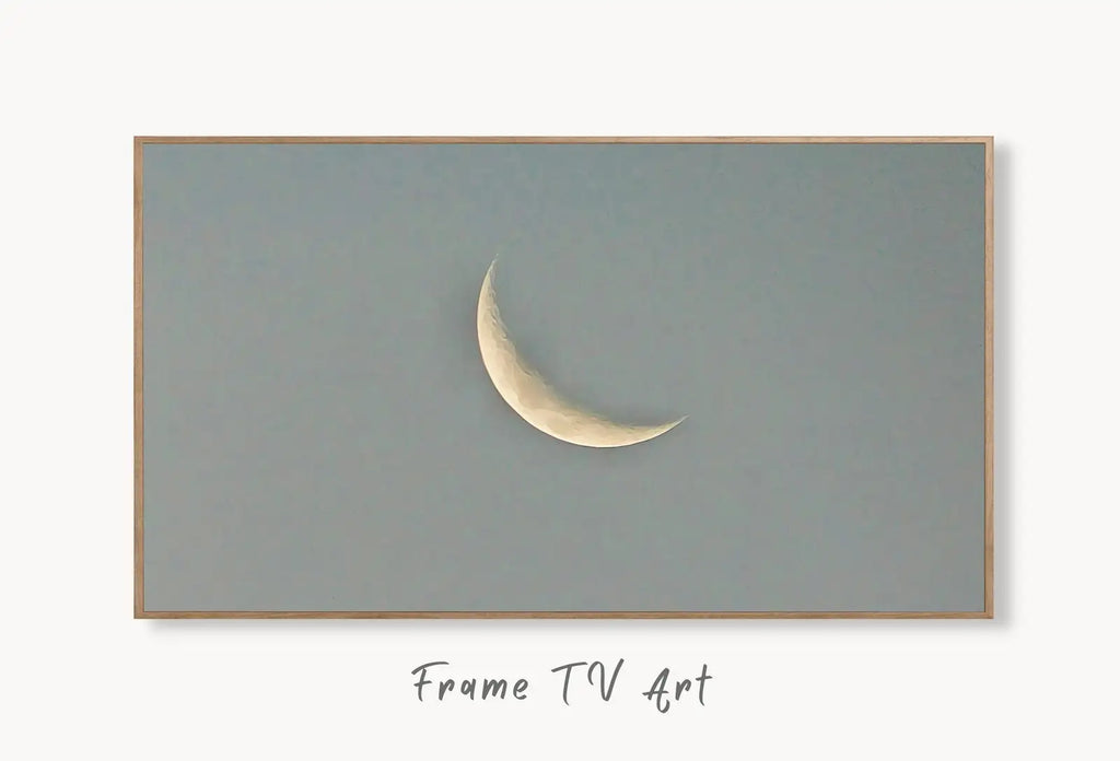 Samsung Frame TV Art 4K Crescent Moon Celestial Wall Decor Digital Painting. Instant Download Moon Phase Wall Art for Frame TV. Art for TV displayed on Samsung Frame TV on a living room wall.