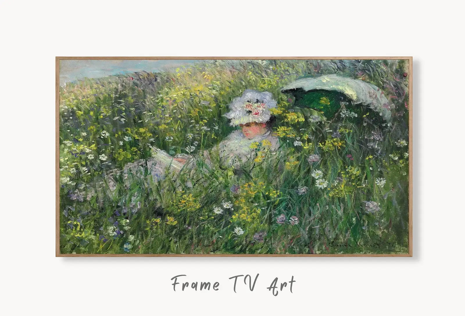 Samsung Frame TV Art 4K Dans La Prairie Famous Claude Monet Painting. Instant Download Landscape Wall Art for the Frame TV. Vintage Wall Art displayed on Samsung Frame TV on a living room wall.