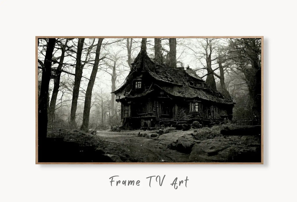 Samsung Frame TV Art 4K Dark Creepy Abandoned Haunted House Landscape. Instant Download. Scary Frame TV Art. Art for the Samsung Frame TV displayed on Samsung Frame TV on a living room wall.