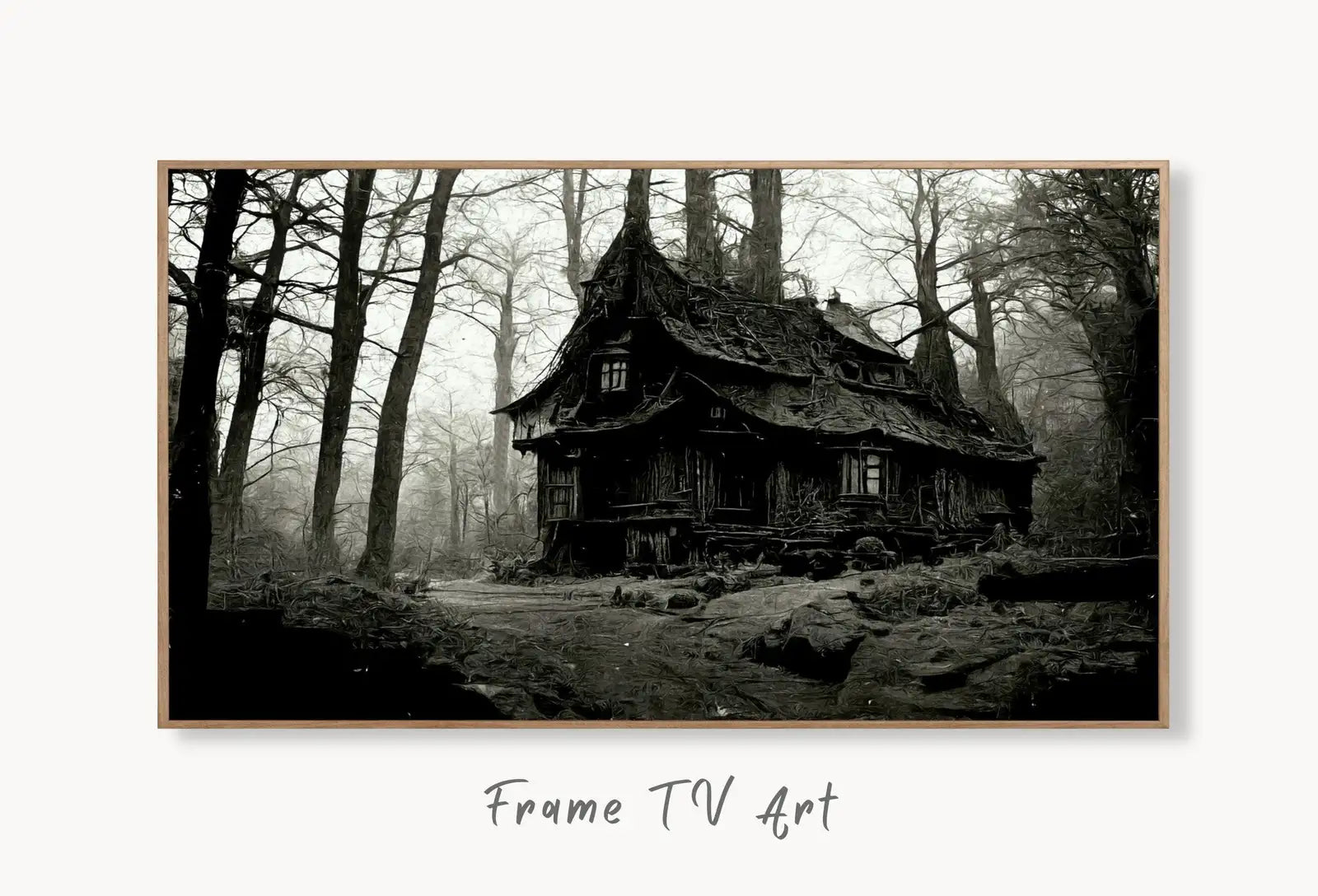 Samsung Frame TV Art 4K Dark Creepy Abandoned Haunted House Landscape. Instant Download. Scary Frame TV Art. Art for the Samsung Frame TV displayed on Samsung Frame TV on a living room wall.