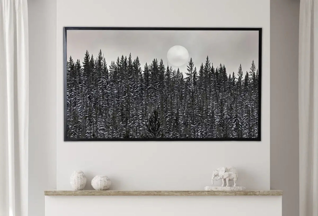 Detail view of artwork from Samsung Frame TV Art 4K Dark Forest & Moon Landscape Nature Wall Art. Instant Download Forest Digital Art. Pine Trees Art for Frame TV. (variation 2)