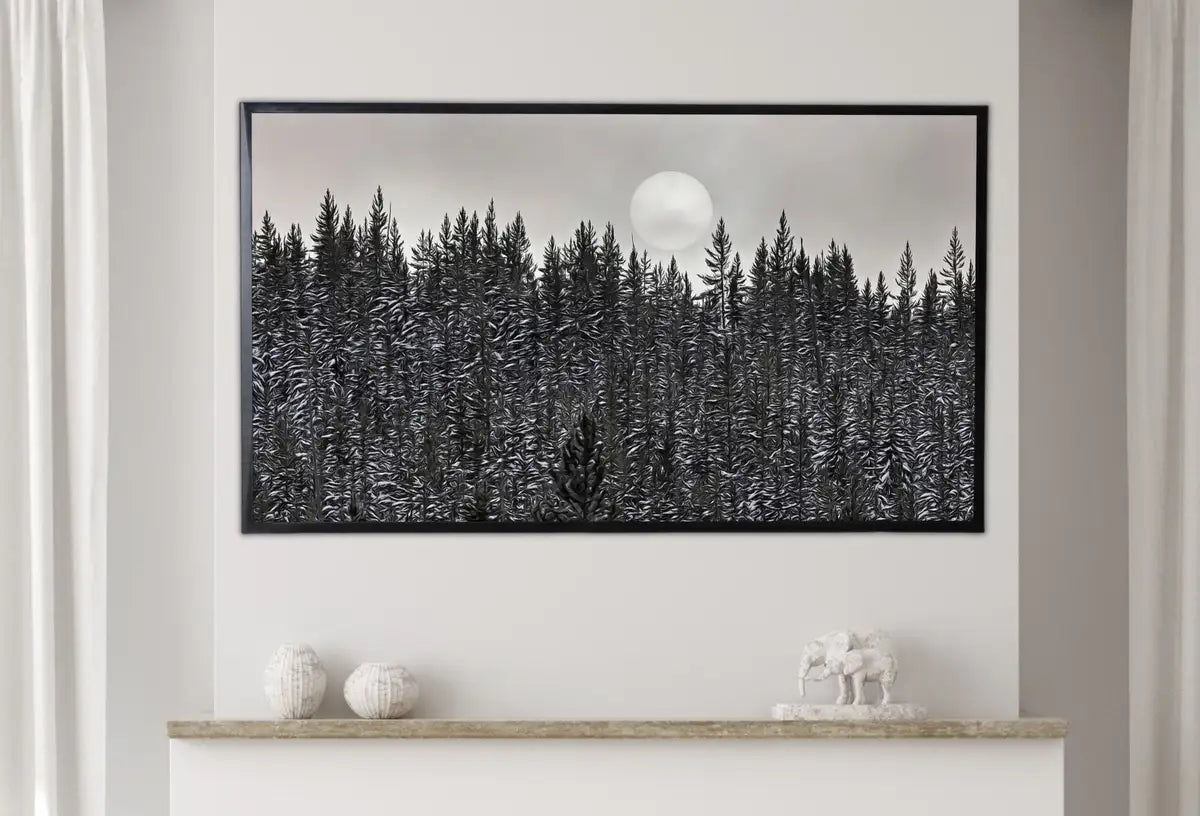 Detail view of artwork from Samsung Frame TV Art 4K Dark Forest & Moon Landscape Nature Wall Art. Instant Download Forest Digital Art. Pine Trees Art for Frame TV. (variation 2)