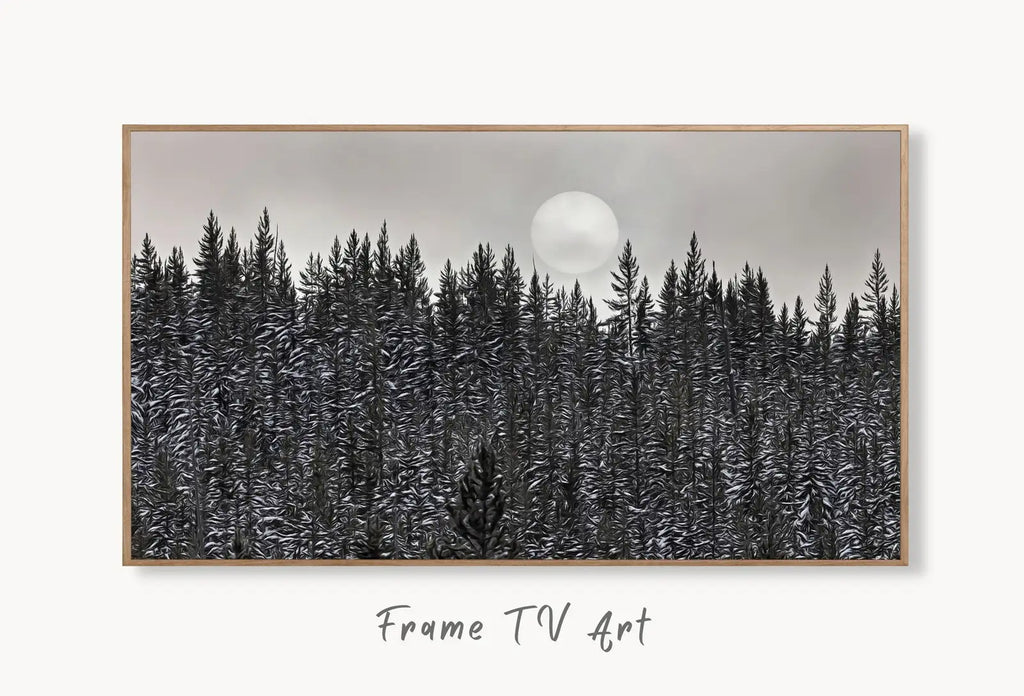 Samsung Frame TV Art 4K Dark Forest & Moon Landscape Nature Wall Art. Instant Download Forest Digital Art. Pine Trees Art for Frame TV displayed on Samsung Frame TV on a living room wall.