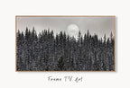 Samsung Frame TV Art 4K Dark Forest & Moon Landscape Nature Wall Art. Instant Download Forest Digital Art. Pine Trees Art for Frame TV displayed on Samsung Frame TV on a living room wall.