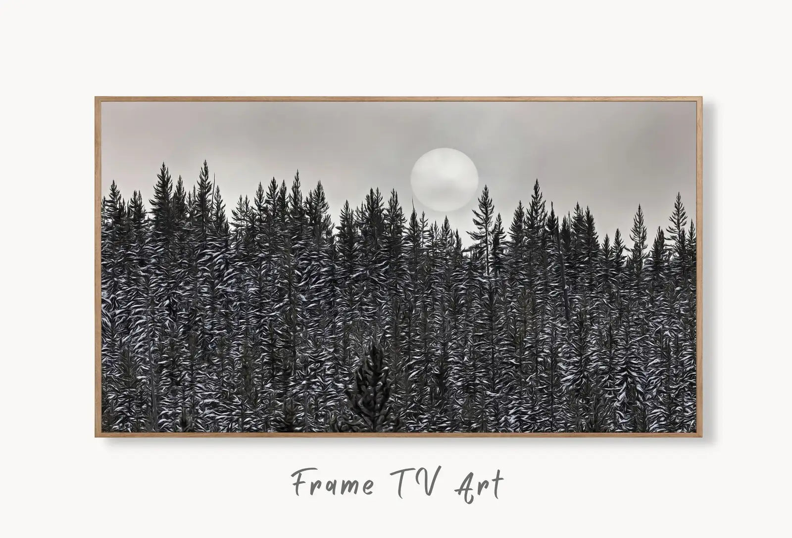 Samsung Frame TV Art 4K Dark Forest & Moon Landscape Nature Wall Art. Instant Download Forest Digital Art. Pine Trees Art for Frame TV displayed on Samsung Frame TV on a living room wall.