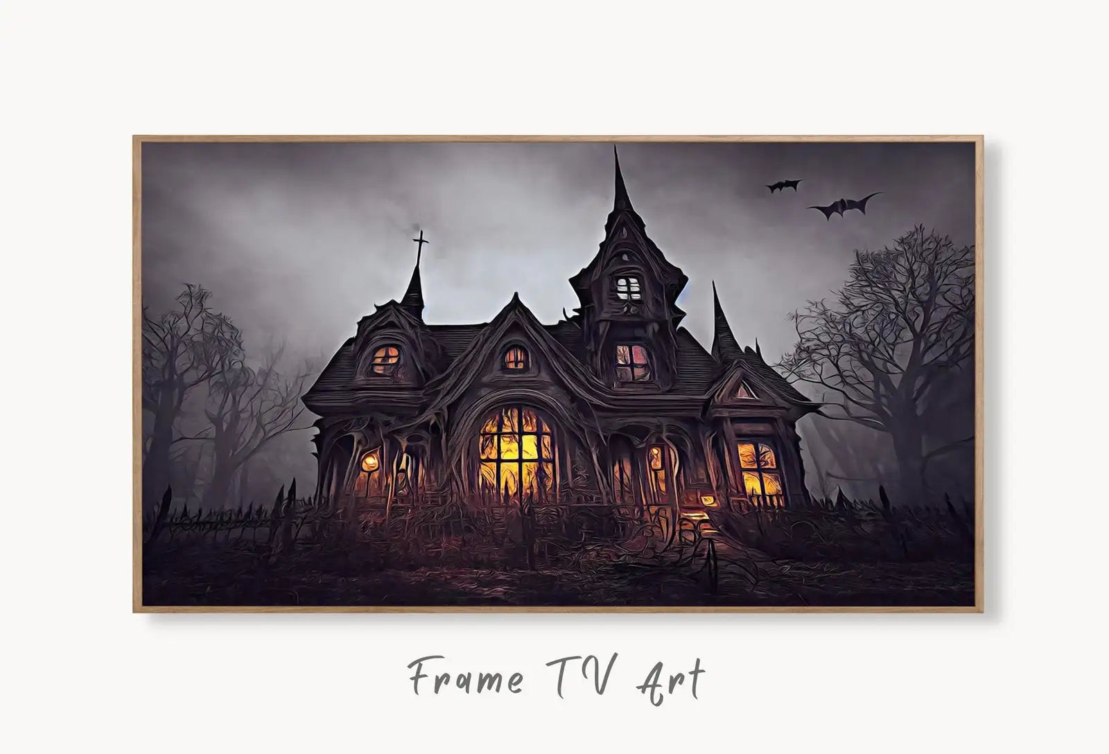 Samsung Frame TV Art 4K Dark Gothic Haunted Mansion. Creepy Horror Instant Download. Scary Frame TV Art. Spooky Art for the Samsung Frame TV displayed on Samsung Frame TV on a living room wall.