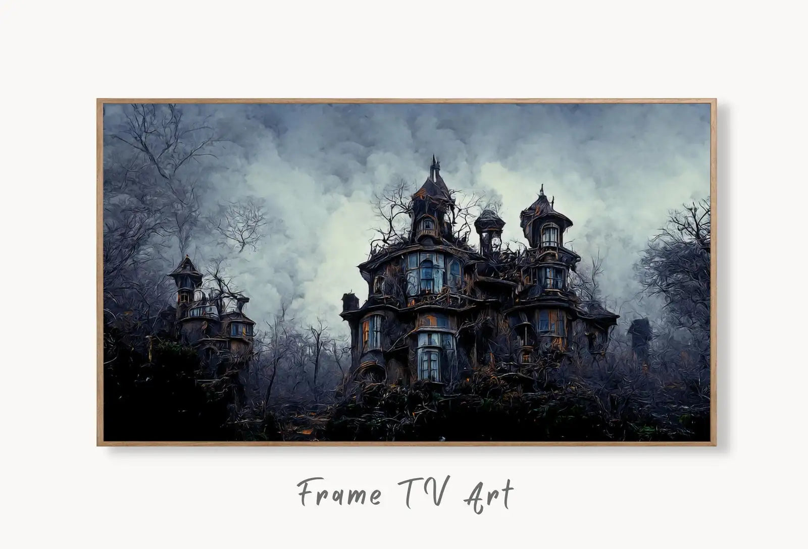 Samsung Frame TV Art 4K Dark Haunted Mansion. Creepy Horror Gothic Instant Download. Scary Frame TV Art. Spooky Art for the Samsung Frame TV displayed on Samsung Frame TV on a living room wall.