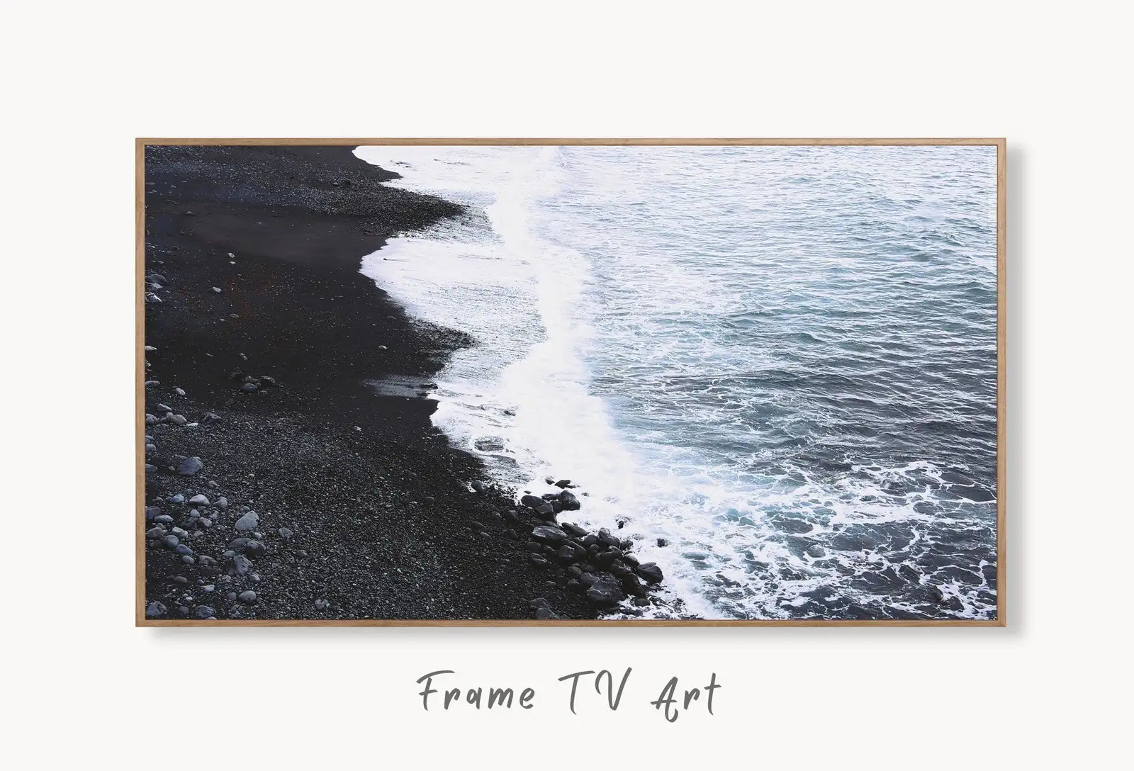 Samsung Frame TV Art 4K, Dark Sand Ocean Coastal Wall Decor. Samsung Art TV Digital Download for Samsung Frame, Beach Landscape Frame TV Art displayed on Samsung Frame TV on a living room wall.