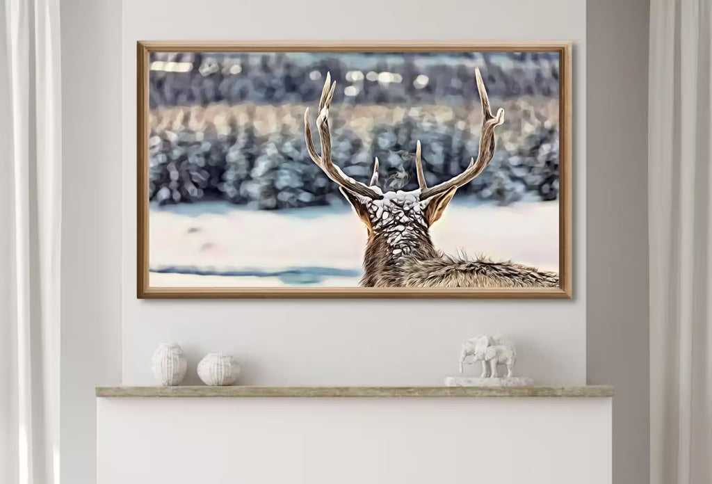 Samsung Frame TV Art 4K Deer Antlers, Snowy Winter Scene Digital Painting. Instant Download Deer Head Art for Smart TV. Nature Art for TV – Frame TV  Art