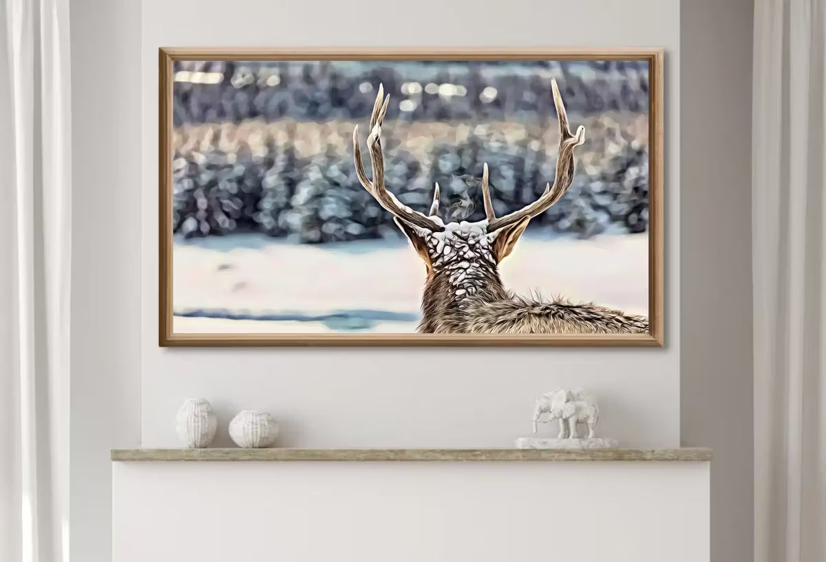 Samsung Frame TV Art 4K Deer Antlers, Snowy Winter Scene Digital Painting. Instant Download Deer Head Art for Smart TV. Nature Art for TV – Frame TV  Art
