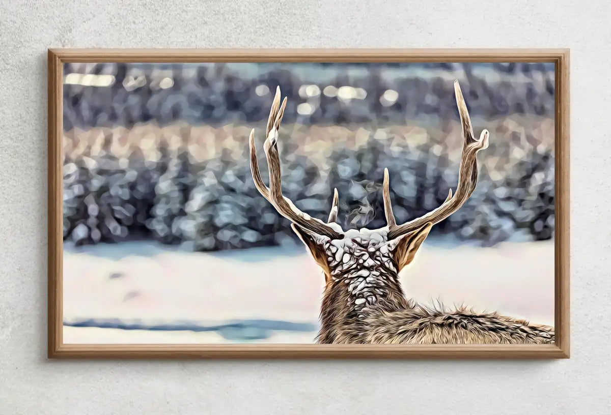 Samsung Frame TV Art 4K Deer Antlers, Snowy Winter Scene Digital Painting. Instant Download Deer Head Art for Smart TV. Nature Art for TV – Frame TV Digital Download Art – Digital Download