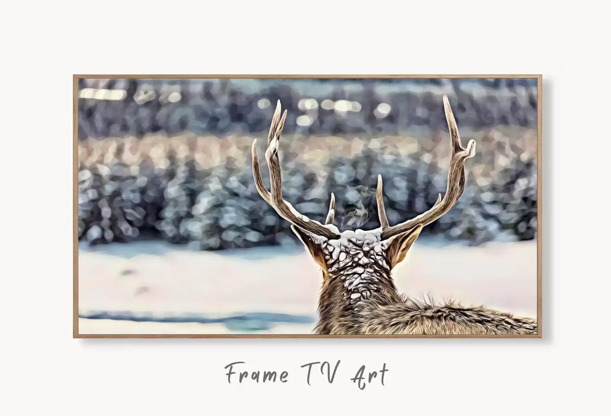 Samsung Frame TV Art 4K Deer Antlers, Snowy Winter Scene Digital Painting. Instant Download Deer Head Art for Smart TV. Nature Art for TV – Frame TV  Art