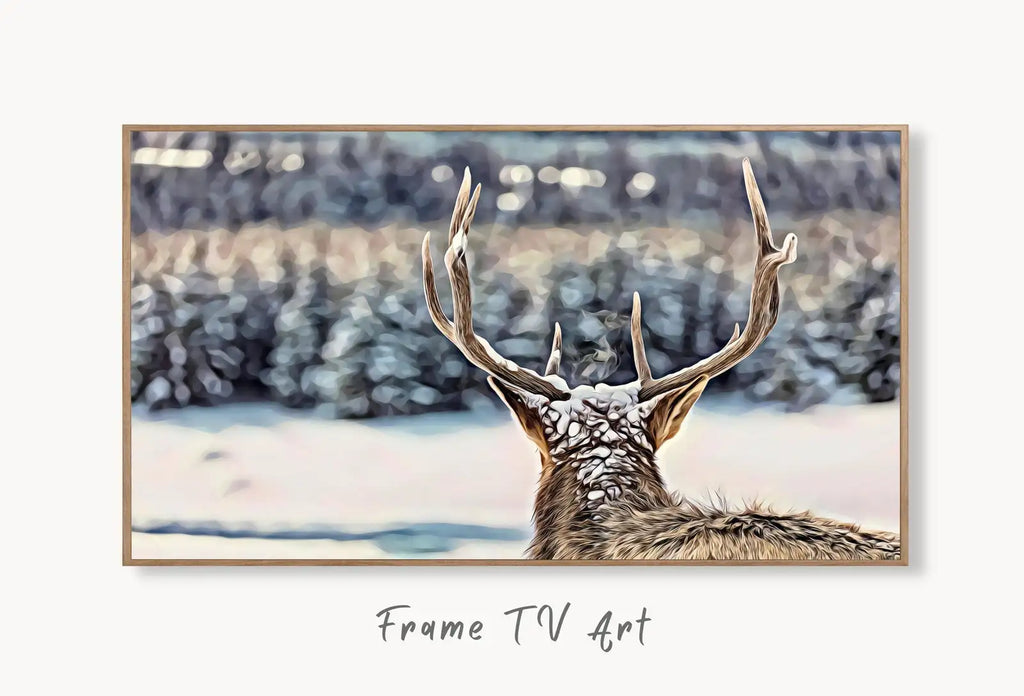 Samsung Frame TV Art 4K Deer Antlers, Snowy Winter Scene Digital Painting. Instant Download Deer Head Art for Smart TV. Nature Art for TV – Frame TV Digital Download Art – Digital Download