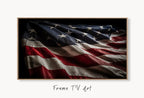 Samsung Frame TV Art 4k Distressed American Flag Art. 4th of July USA Art. Patriotic Samsung TV Art. Digital Download for Samsung Frame Tv displayed on Samsung Frame TV on a living room wall.