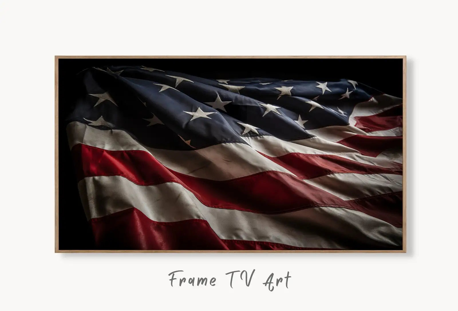 Samsung Frame TV Art 4k Distressed American Flag Art. 4th of July USA Art. Patriotic Samsung TV Art. Digital Download for Samsung Frame Tv displayed on Samsung Frame TV on a living room wall.