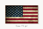 Samsung Frame TV Art 4k Distressed American Flag Art. Digital Download. Patriotic Samsung TV Art. 4th of July USA Art for Samsung Frame Tv displayed on Samsung Frame TV on a living room wall.