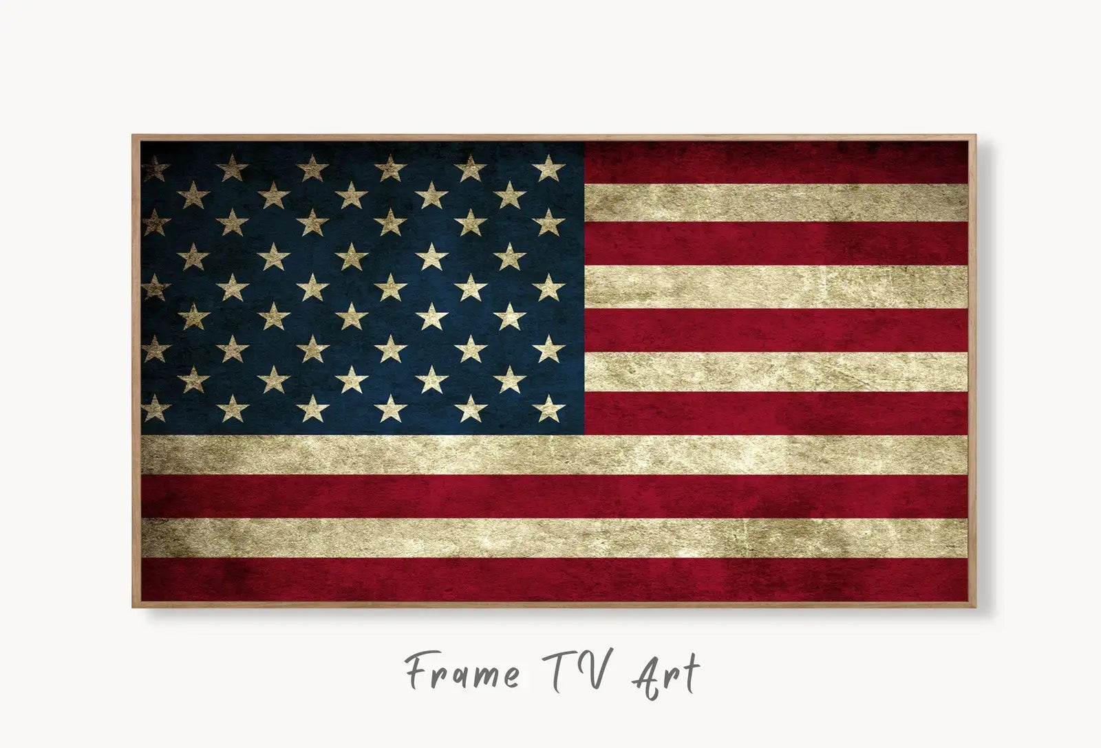 Samsung Frame TV Art 4k Distressed American Flag Art. Digital Download. Patriotic Samsung TV Art. 4th of July USA Art for Samsung Frame Tv displayed on Samsung Frame TV on a living room wall.