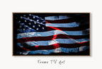 Samsung Frame TV Art 4k Distressed American Flag Art. Patriotic Samsung TV Art. Digital Download 4th of July USA Art for Samsung Frame Tv displayed on Samsung Frame TV on a living room wall.