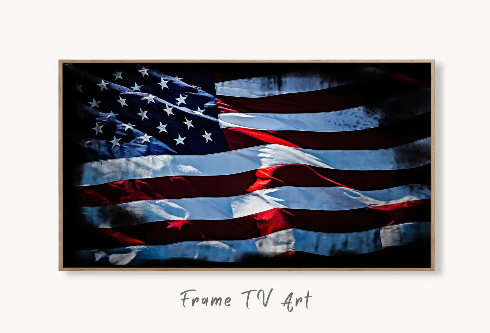 Samsung Frame TV Art 4k Distressed American Flag Art. Patriotic Samsung TV Art. Digital Download 4th of July USA Art for Samsung Frame Tv displayed on Samsung Frame TV on a living room wall.