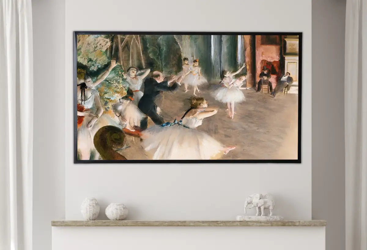 Detail view of artwork from Samsung Frame TV Art 4K Edgar Degas Rehearsal Onstage Famous Ballet Painting. Antique Classic Ballerina Wall Art for Frame TV. Downloadable. (variation 2)