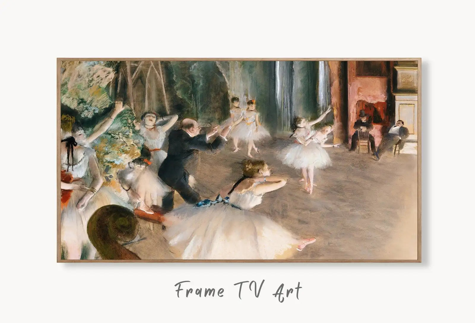 Samsung Frame TV Art 4K Edgar Degas Rehearsal Onstage Famous Ballet Painting. Antique Classic Ballerina Wall Art for Frame TV. Downloadable displayed on Samsung Frame TV on a living room wall.