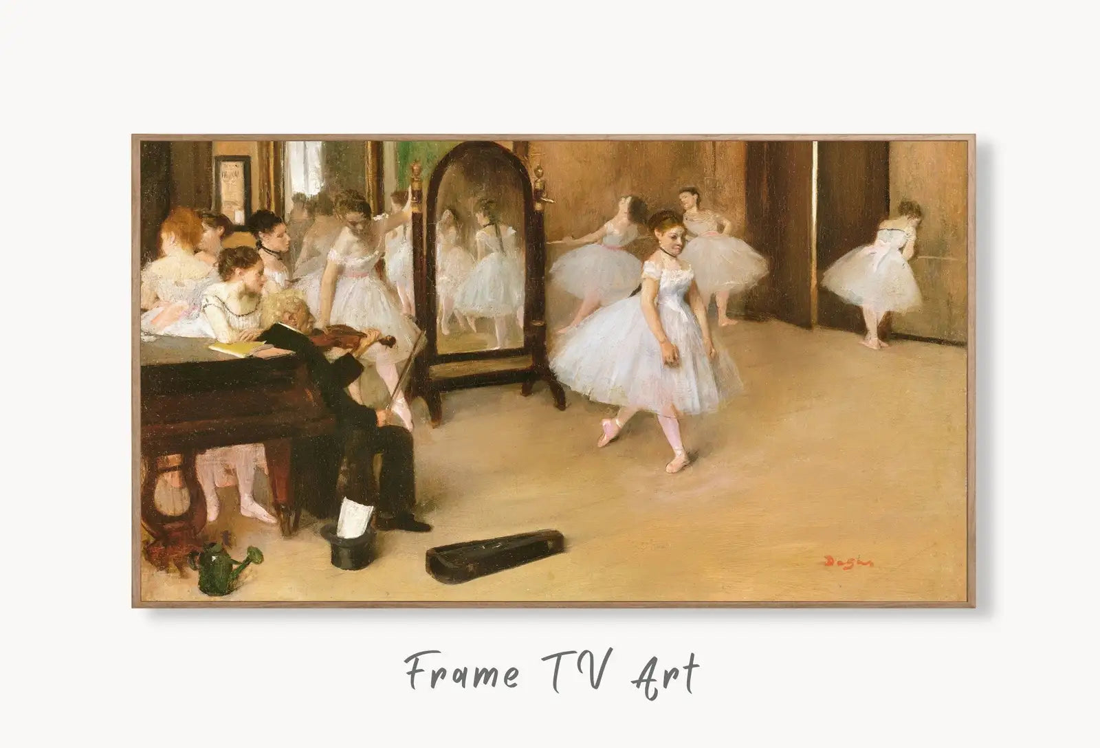Samsung Frame TV Art 4K Edgar Degas The Dancing Class Famous Ballet Painting. Antique Classic Ballerina Wall Art for Frame TV. Downloadable displayed on Samsung Frame TV on a living room wall.