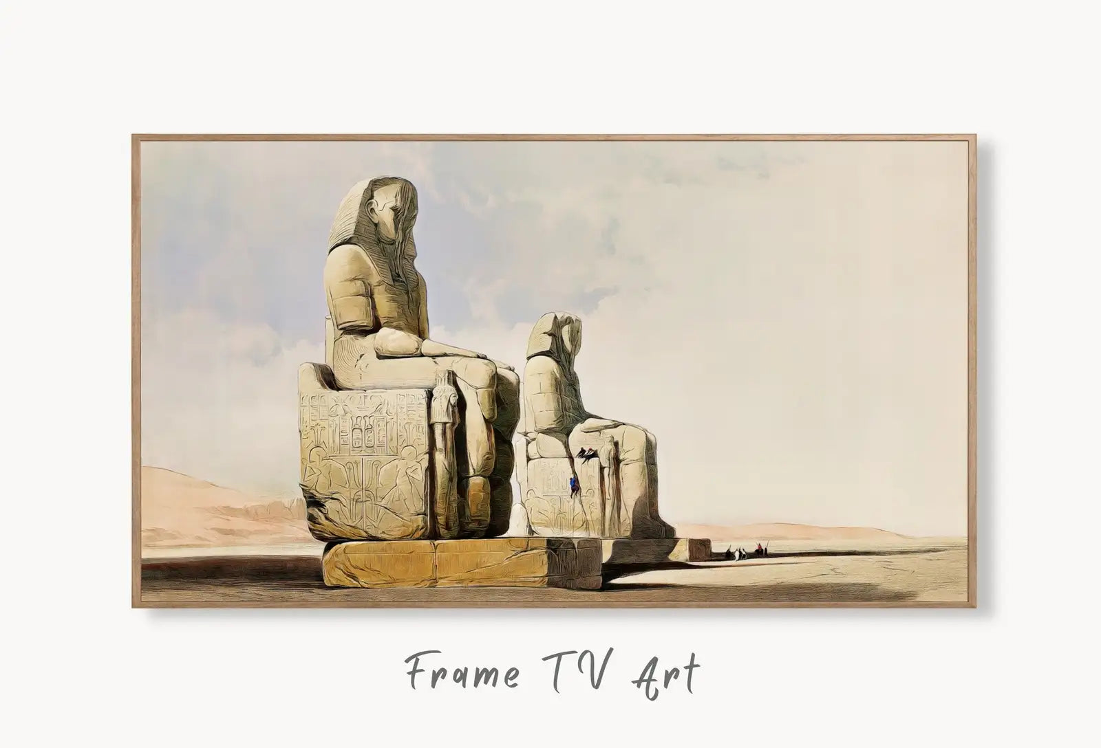 Samsung Frame TV Art 4K Egyptian Statues in Thebes Ancient Egypt Wall Art. Instant Download Antique Vintage Egyptian Art for Frame TV displayed on Samsung Frame TV on a living room wall.