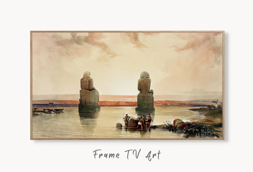 Samsung Frame TV Art 4K Egyptian Statues of Memnon at Thebes Egypt Wall Art. Instant Download Antique Vintage Egyptian Art for Frame TV displayed on Samsung Frame TV on a living room wall.