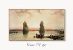 Samsung Frame TV Art 4K Egyptian Statues of Memnon at Thebes Egypt Wall Art. Instant Download Antique Vintage Egyptian Art for Frame TV displayed on Samsung Frame TV on a living room wall.