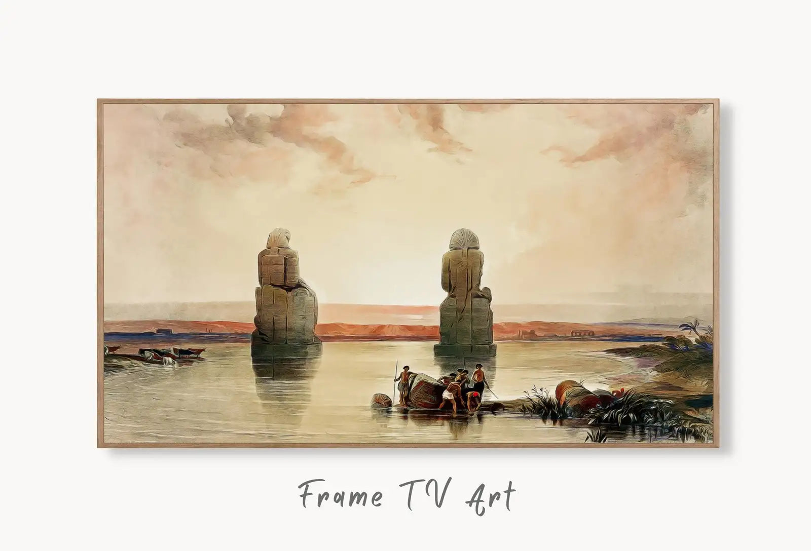 Samsung Frame TV Art 4K Egyptian Statues of Memnon at Thebes Egypt Wall Art. Instant Download Antique Vintage Egyptian Art for Frame TV displayed on Samsung Frame TV on a living room wall.