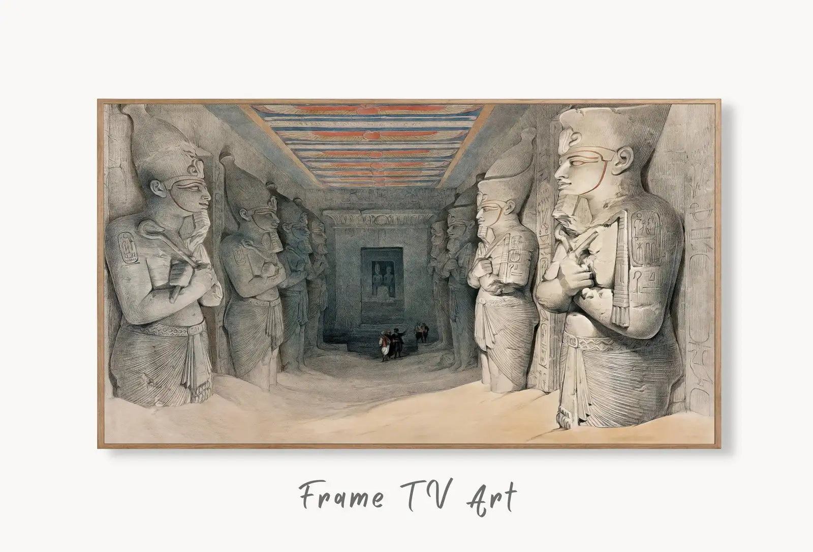 Samsung Frame TV Art 4K Egyptian Temple Ancient Gods Mythology Wall Art. Instant Download Vintage Egyptian Architecture Art for Frame TV displayed on Samsung Frame TV on a living room wall.