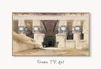 Samsung Frame TV Art 4K Egyptian Temple Exterior Wall Art. Instant Download Vintage Egyptian Mythology Architecture Art for Frame TV displayed on Samsung Frame TV on a living room wall.