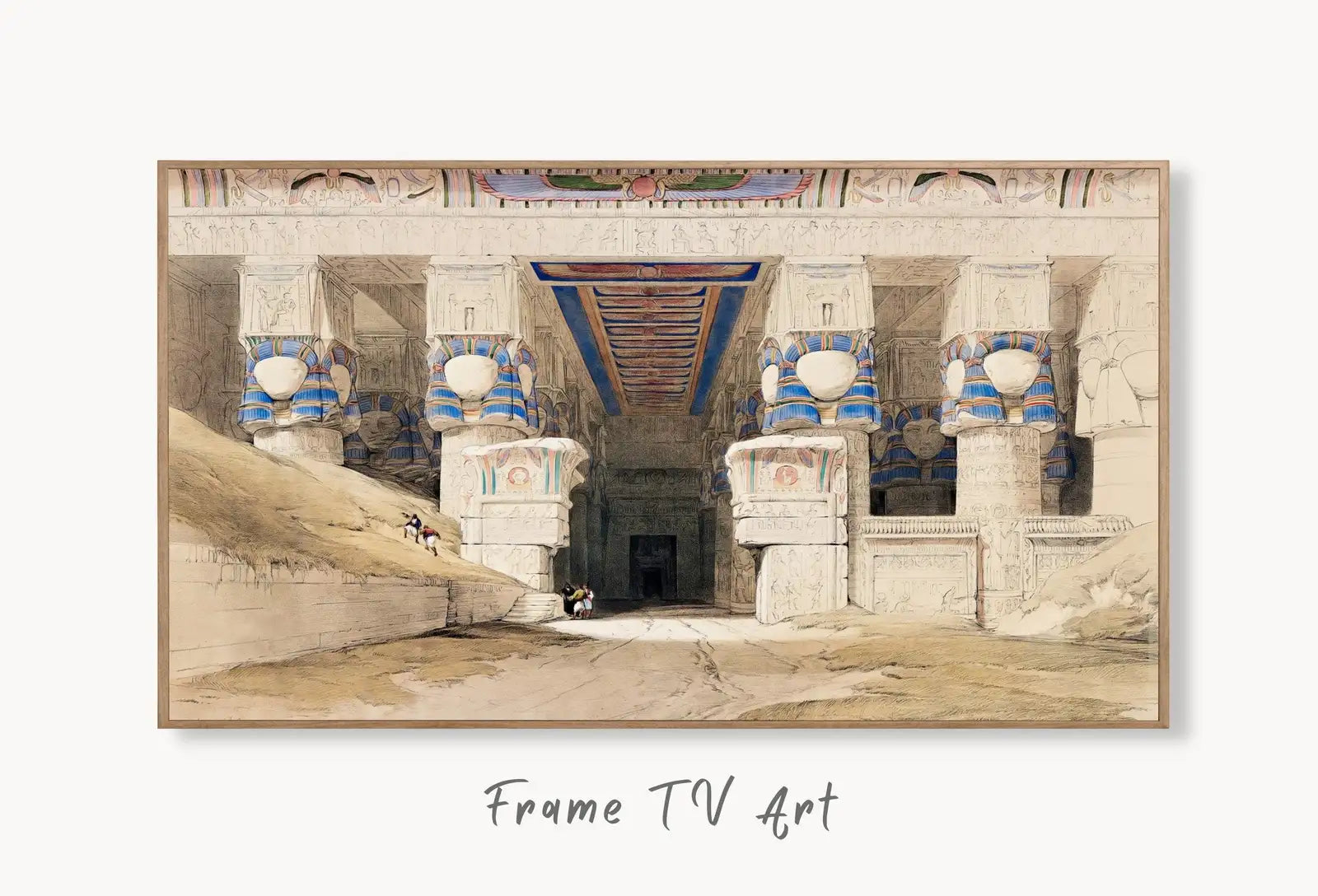 Samsung Frame TV Art 4K Egyptian Temple Exterior Wall Art. Instant Download Vintage Egyptian Mythology Architecture Art for Frame TV displayed on Samsung Frame TV on a living room wall.