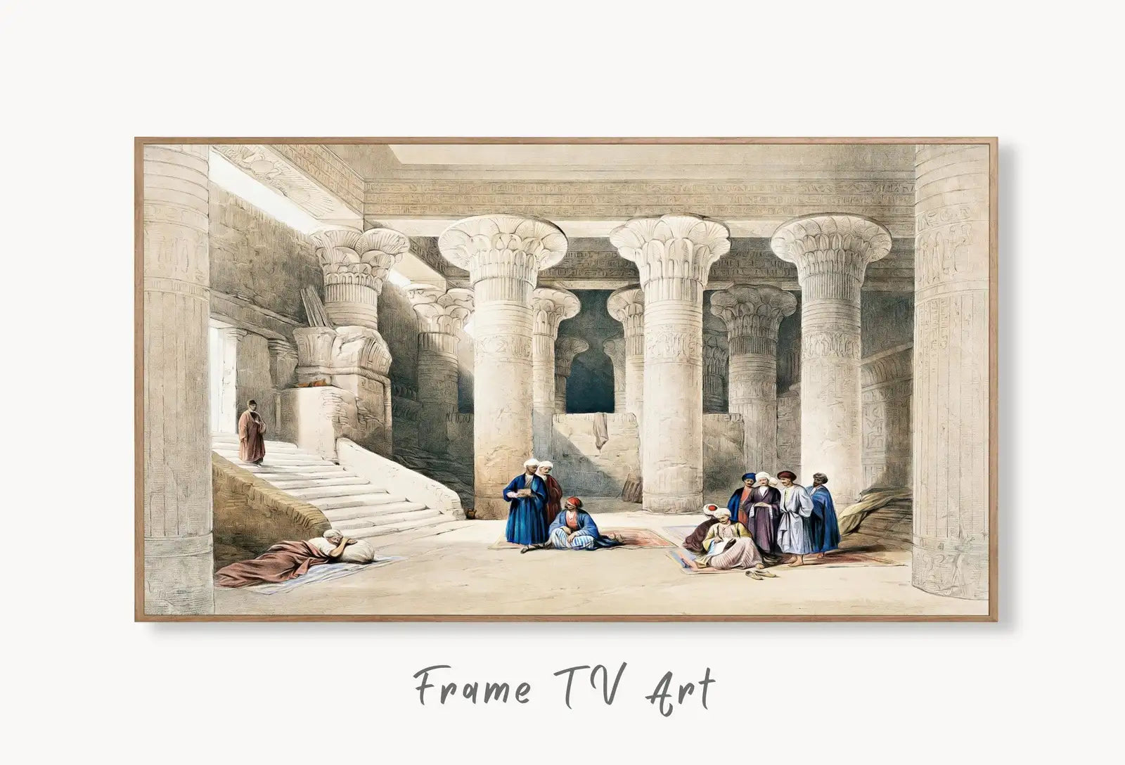 Samsung Frame TV Art 4K Egyptian Temple Interior Wall Art. Instant Download Vintage Egyptian Mythology Architecture Art for Frame TV displayed on Samsung Frame TV on a living room wall.