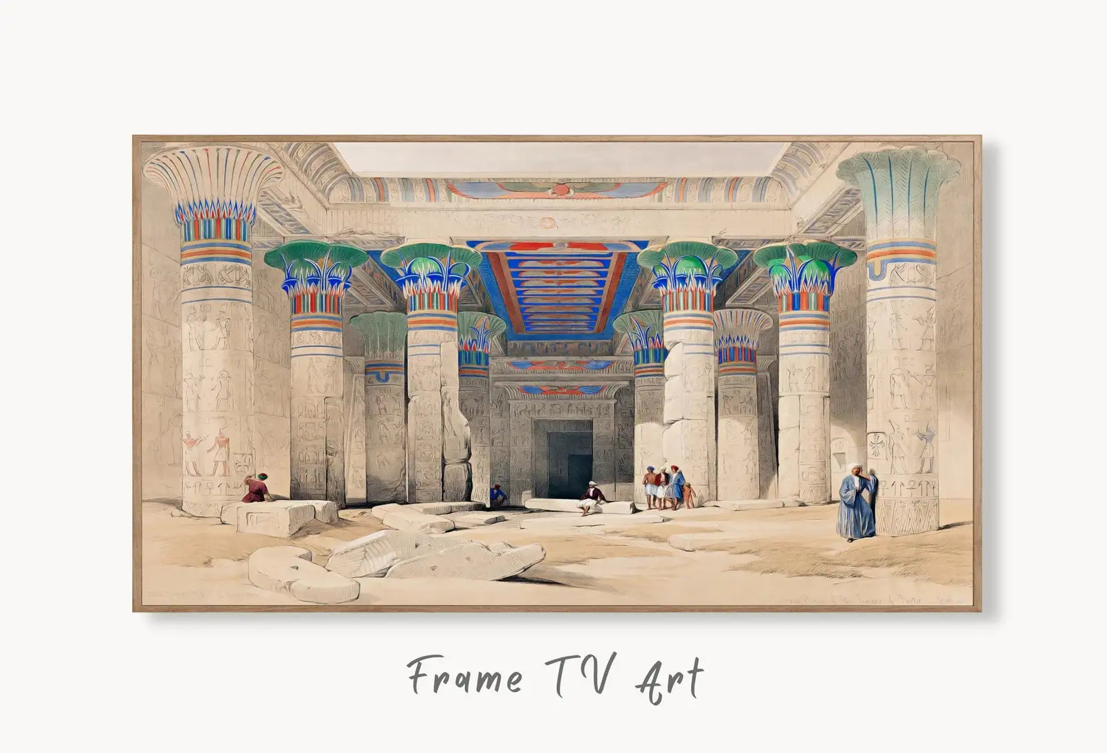 Samsung Frame TV Art 4K Egyptian Temple of Philae Mythology Wall Art. Instant Download Vintage Egyptian Architecture Art for Frame TV displayed on Samsung Frame TV on a living room wall.