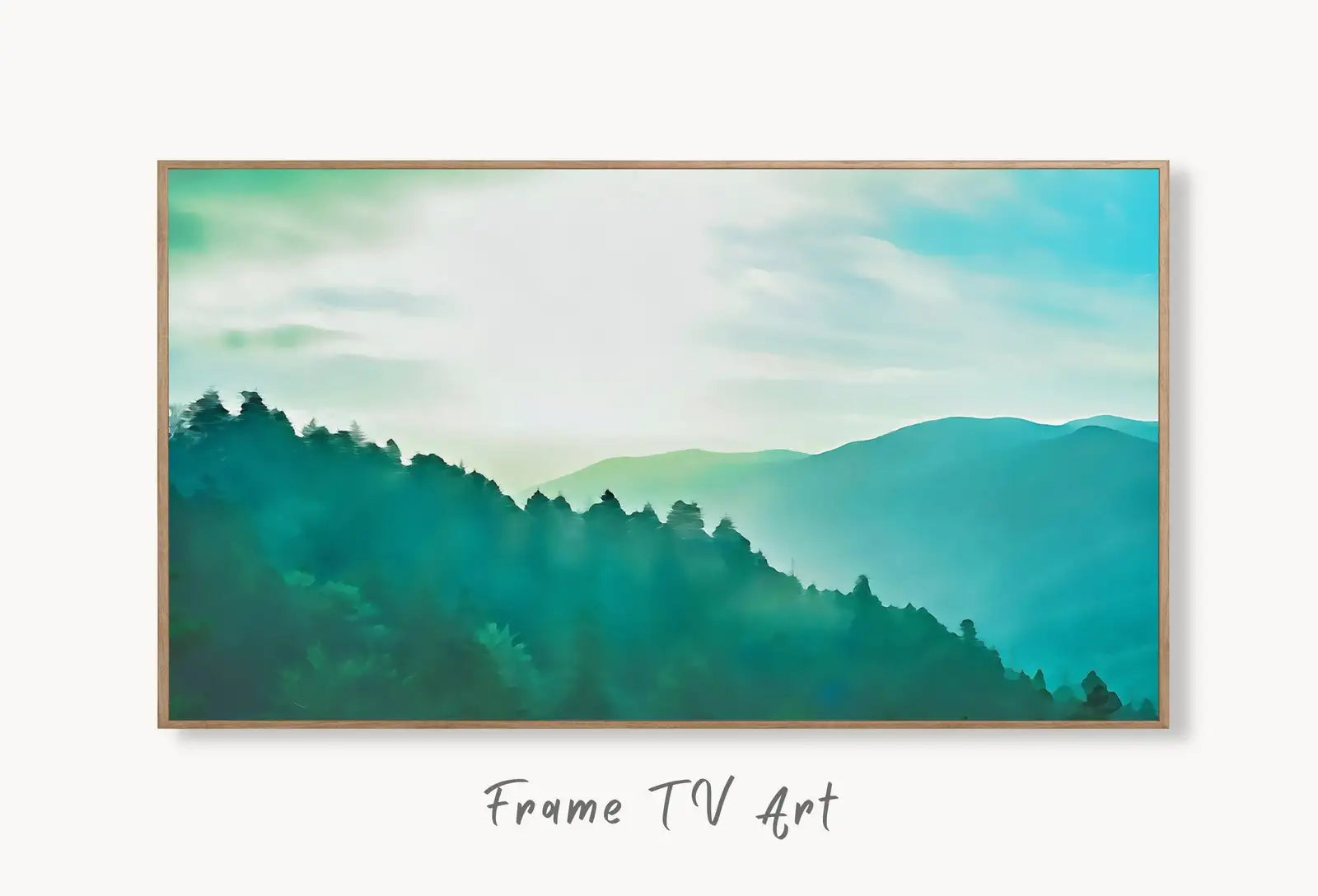 Samsung Frame TV Art 4k Emerald Green Mountains Abstract Landscape. Evening Art Samsung TV Digital Download for Samsung Frame, Frame TV Art displayed on Samsung Frame TV on a living room wall.