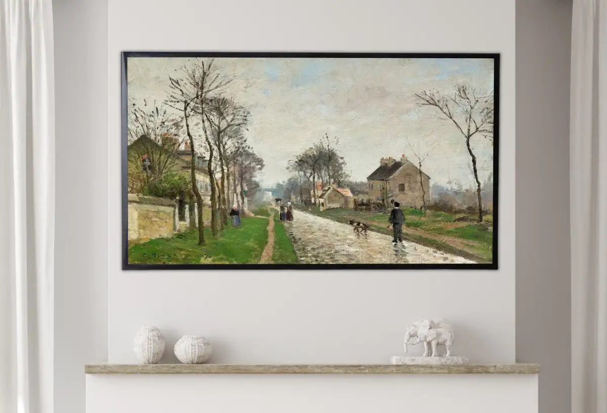 Detail view of artwork from Samsung Frame TV Art 4K European Village Rain Landscape Vintage Oil Painting. Instant Download Vintage Art for Samsung Frame TV. TV Art. (variation 1)