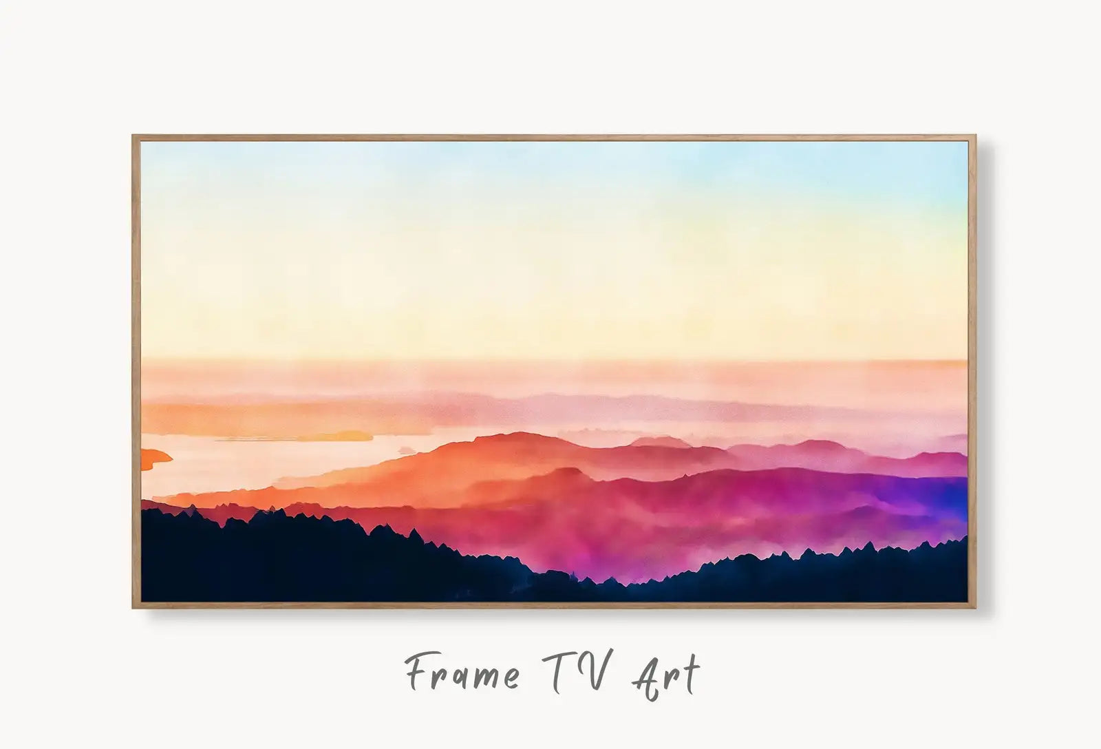 Samsung Frame TV Art 4k Evening in the Mountains Abstract Landscape. Evening Samsung TV Art Digital Download for Samsung Frame, Frame TV Art displayed on Samsung Frame TV on a living room wall.