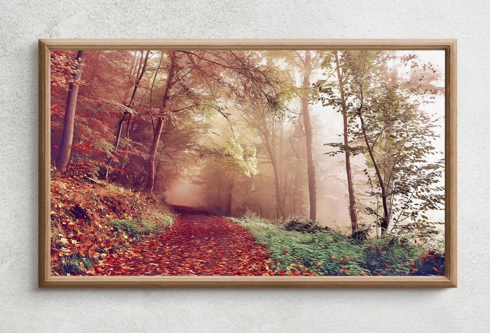 Samsung Frame TV Art 4K Fall Forest Foggy Trail Autumn Landscape Digital Painting. Instant Download Art for the Samsung Frame TV. Art for TV displayed on Samsung Frame TV on a living room wall.